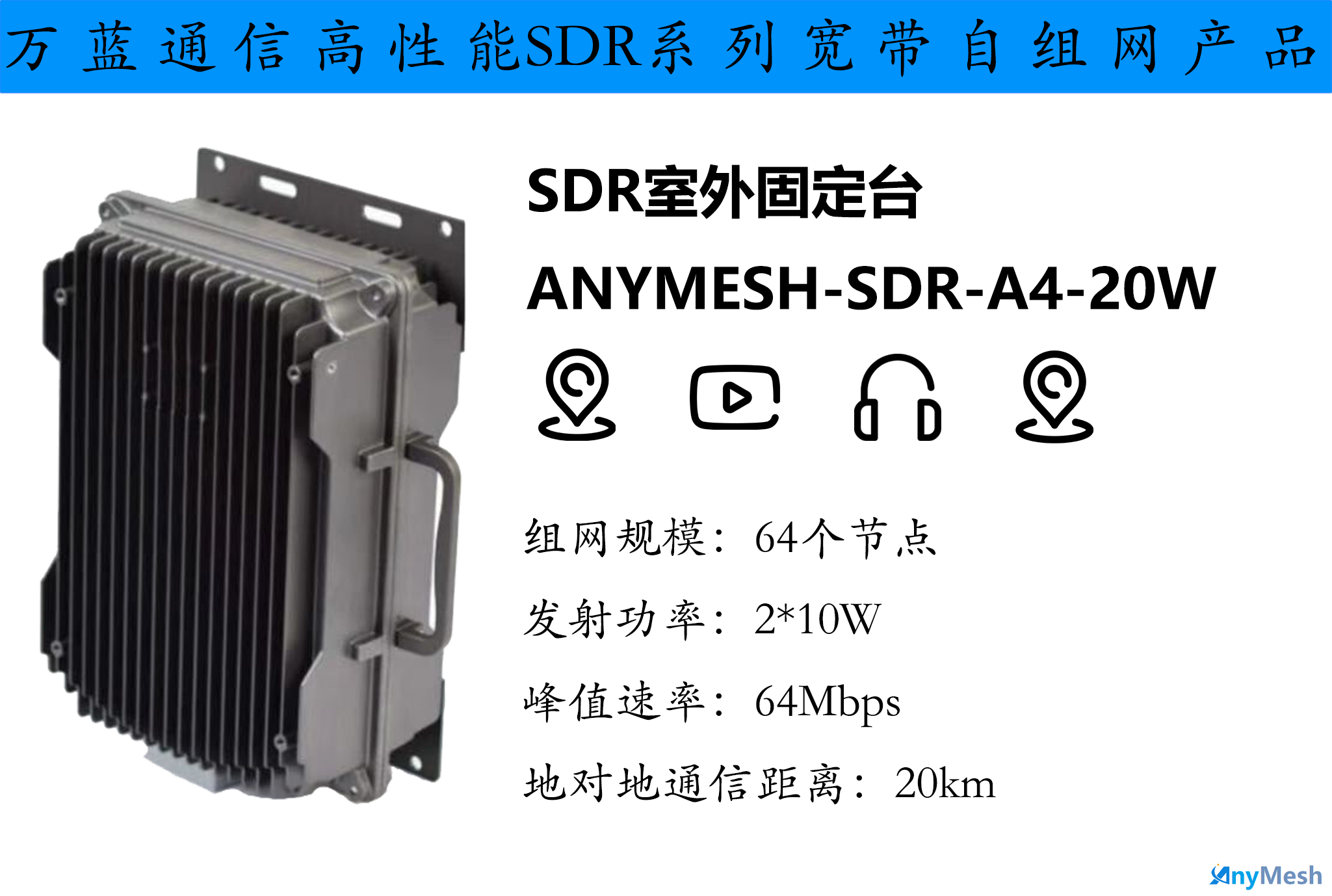 ANYMESH-SDR-A4室外基站型自组网设备20W自组